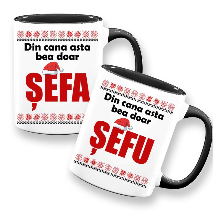 Set 2 cani cu mesaj:"Din cana asta bea doar sef/sefa", Craciun, Model traditional, Betaprint, alba cu interior negru, 330ml