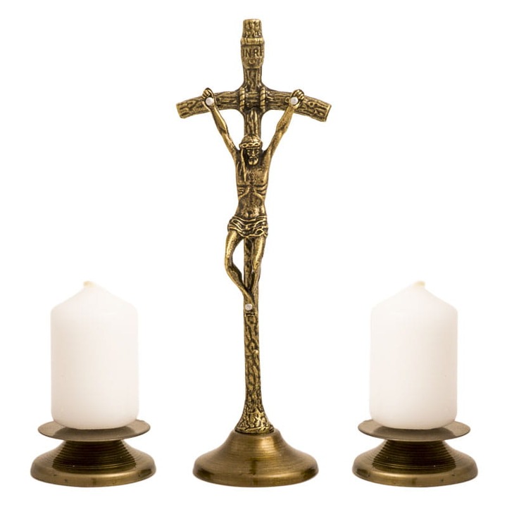 Készlet QUO VADIS, pápai kereszt 17cm, 2 gyertyatartó, 2 fehér gyertya, bronz
