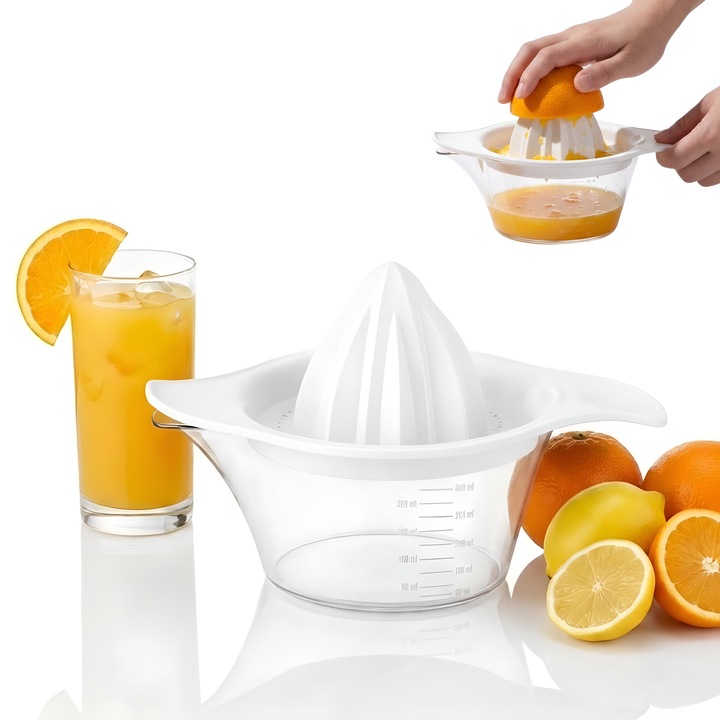 Storcator manual de citrice Salestore.ro®, Plastic PP, BPA Free, Presa robusta de citrice pentru sucuri, Cu Vas Colector si Sita, Alb