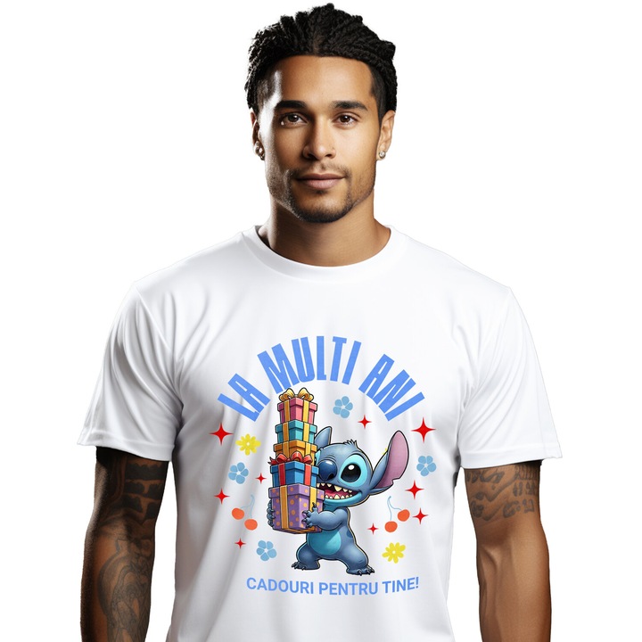 Tricou Barbati cu Cadouri Tematice Stitch pentru Zi de Nastere 100% Bumbac, Alb, L