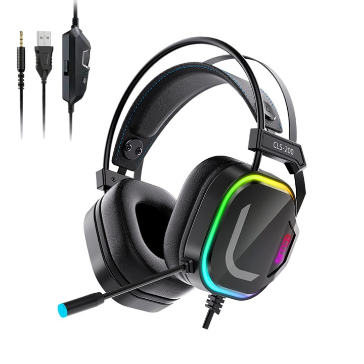 Gamer fejhallgató, Skylaze CLS-200 RGB, HD térhatás, állítható zajszűrős mikrofon, 50 mm-es hangszórók, 32Ω impedancia, környezeti világítás, hangerőszabályzó a kábelen, kompatibilis PC-vel, PS4-gyel, PS5-tel, Xbox-szal, fekete