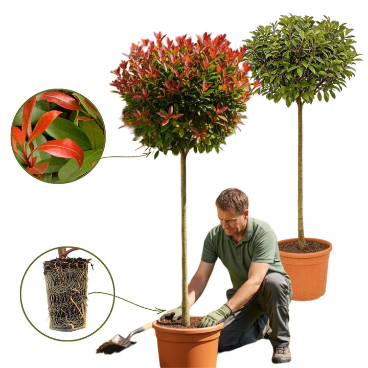 Set 2 arbusti decorativi cu coroana glob Photinia Red Robin, Salestore.ro®, talie medie, arbore mic ornamental, Inaltimea 1, 70-2, 00 m, Ritm crestere moderat-rapid, Verde/Rosu