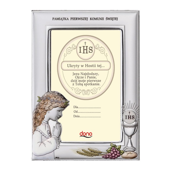 Rama foto argintie pentru fetita, DONO, 13x17,5 cm, design colorat, cadou pentru Prima Comunie