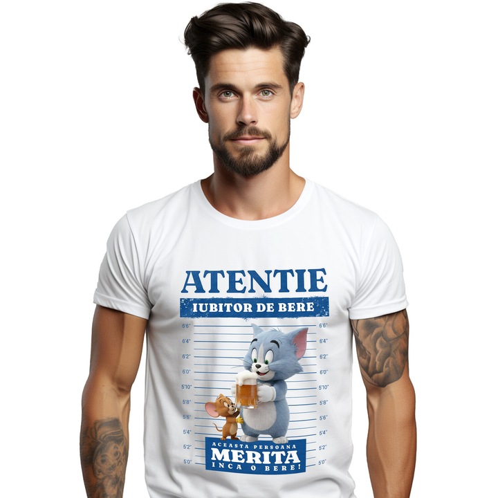 Tricou Barbati cu Tom and Jerry: Un Cadou si o Bere 100% Bumbac, Alb, XL