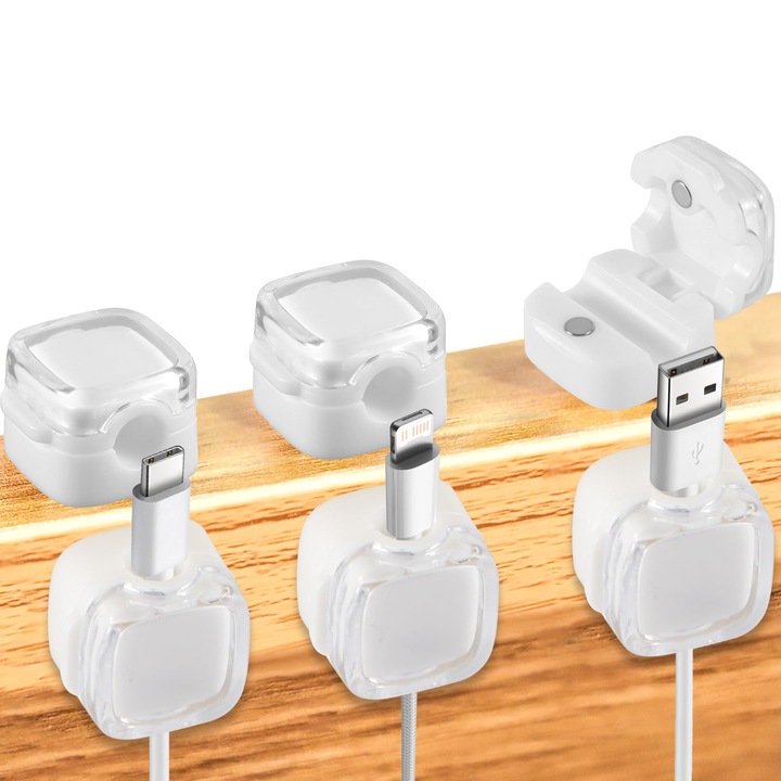 Cleme magnetice pentru organizare cabluri, 6 buc, autoadezive, prindere ferma, management cabluri birou si casa, alb