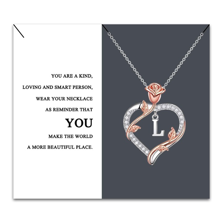 Colier, Kraven, Inima Roz cu Initiala L, 45+5 cm