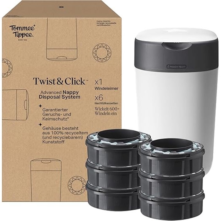Cos pentru scutece Tommee Tippee Twist & Click, pachetul contine cosul de gunoi si 6 rezerve de saci
