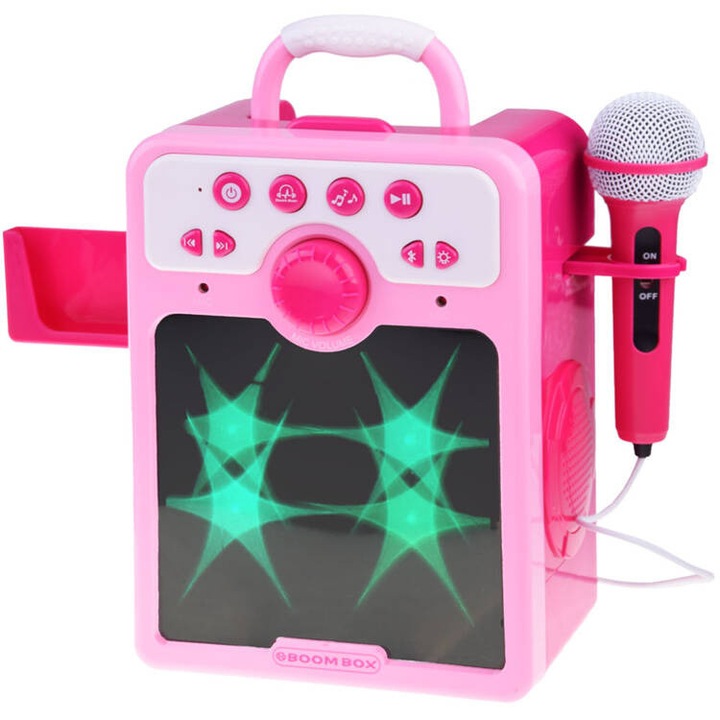 Boxa disco portabila karaoke pentru copii roz, echipata cu microfon, bluetooth, dimensiune 31x28.5x12.5 cm