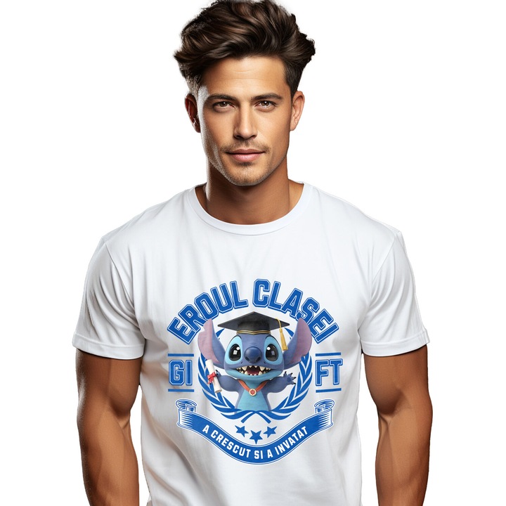 Tricou Barbati cu Stitch: Zambete Si Curaj La Scoala 100% Bumbac, Alb, L