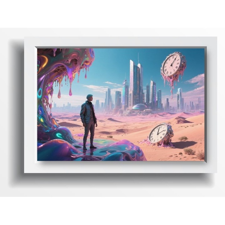 Tablou Inramat Ceasuri Care se Topesc, Arta Inspirata din Salvador Dali, Decor Perete, Rama din MDF Alb, 35x50cm