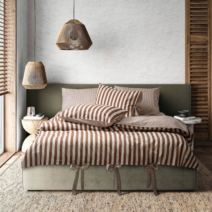 Ágynemű garnitúra dupla, csíkos és masnis, 100% pamut ranforce, 240x260 cm, 4 részes, Bahar Tekstil, MySleep Fahéj