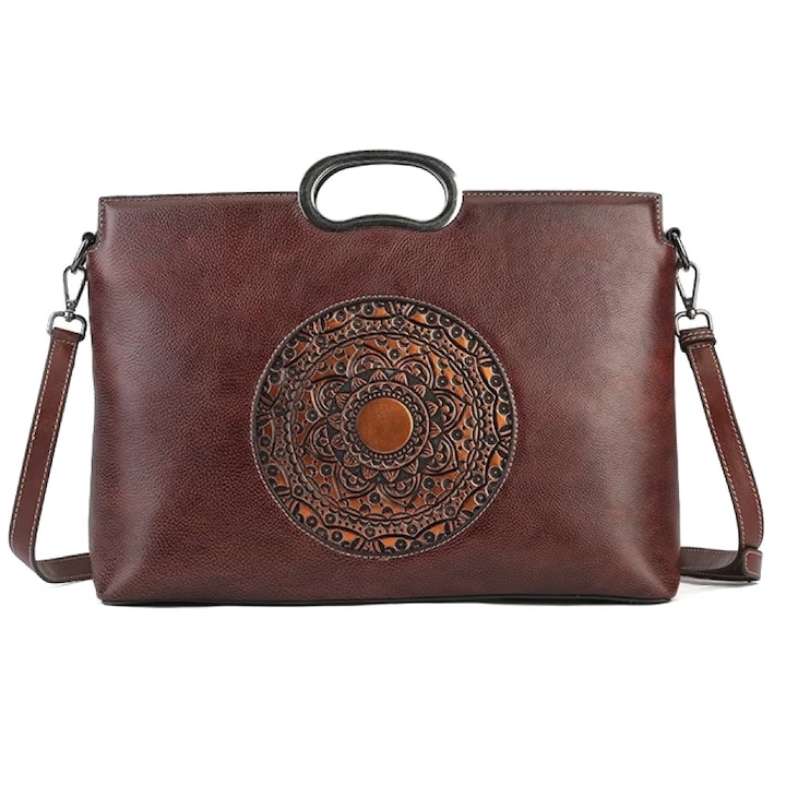 Geanta De Dama Boutique Deluxe, Piele Naturala, Manere Argintii, Buzunare Multiple, Spatiu Generos, Versatilitate, Casual si Birou, Maro Cofee Inchis