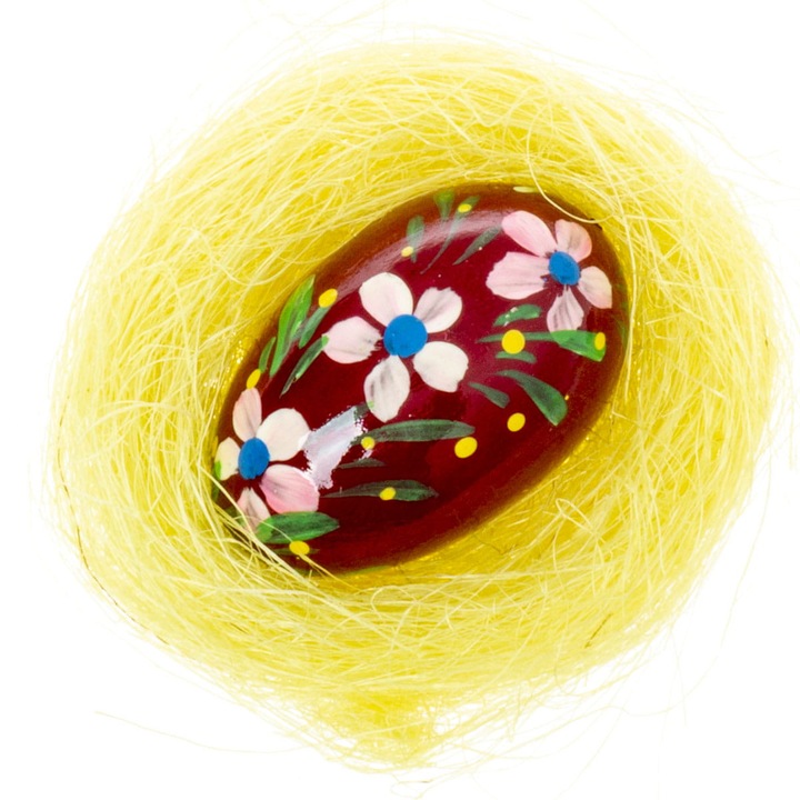 Set pisanka mare din lemn bordo cu flori colorate si gniazdko din sisal galben, 6,5x4cm