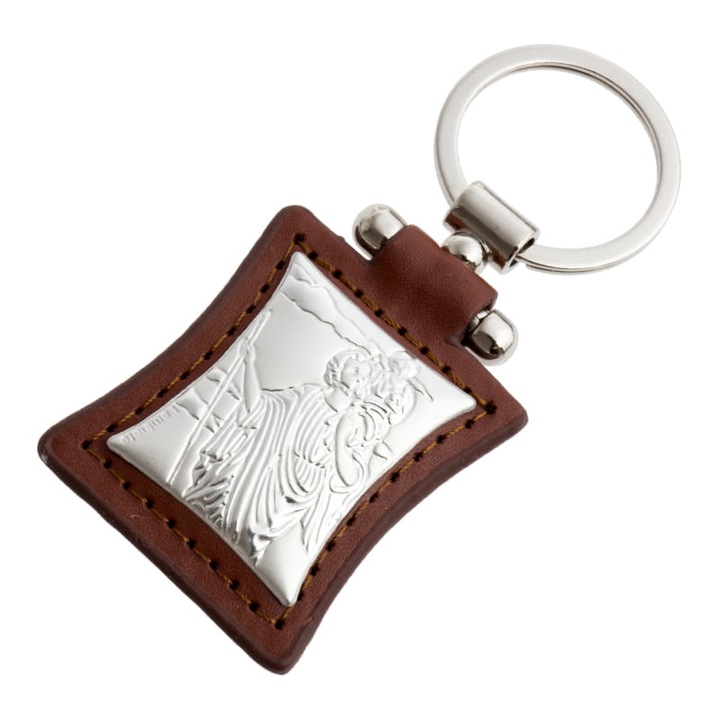 Breloc cu Sw. Krzysztof, QUO VADIS, piele maro, 4x9cm, metalic 3,2cm