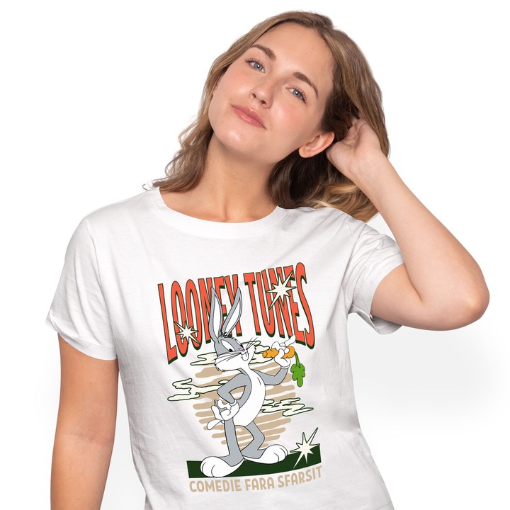 Tricou Femei cu Bugs Bunny si morcovul cel mare 100% Bumbac, Alb, S