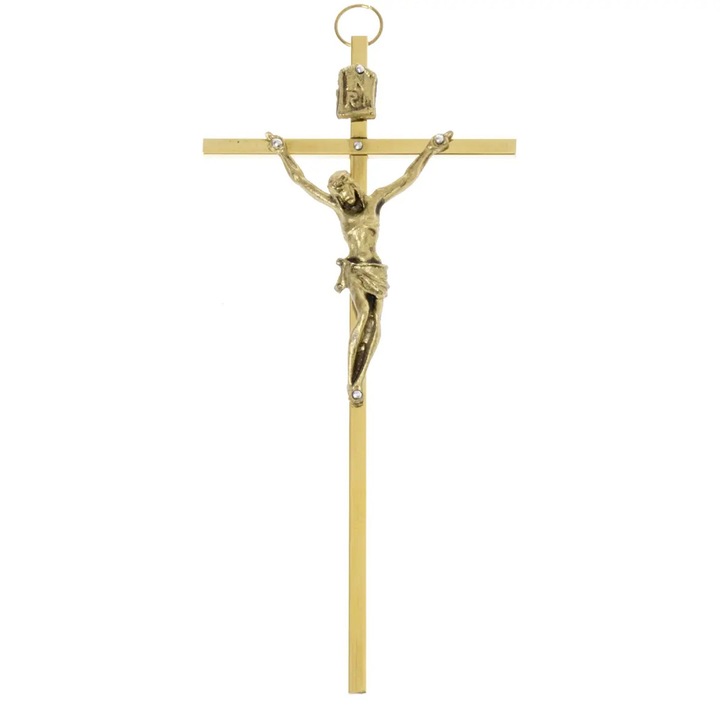 Crucifix din bronz, QUO VADIS, 7x14,5cm, culoare aurie