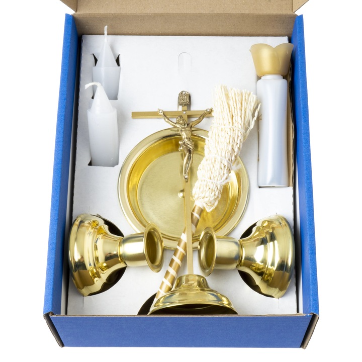 Set complet colinda QUO VADIS, cruce 19x8cm, 2 sfesnice, 2 lumanari, 1 stropitoare, 1 bol apa sfintita, 1 sticla apa sfintita