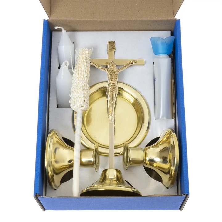 Set pentru colinda, QUO VADIS, cruce 22x9,5x6,5cm, 2 sfesnice 5,5cm, auriu