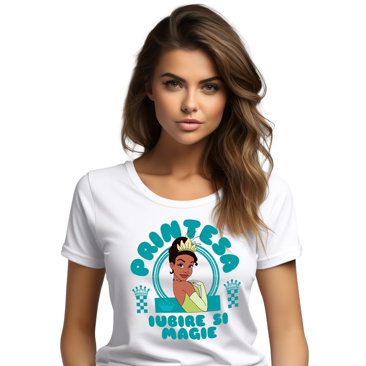 Tricou Femei cu Printesa - Aventurile Tianei in Taramul Printeselor Curajoase 100% Bumbac, Alb, XS