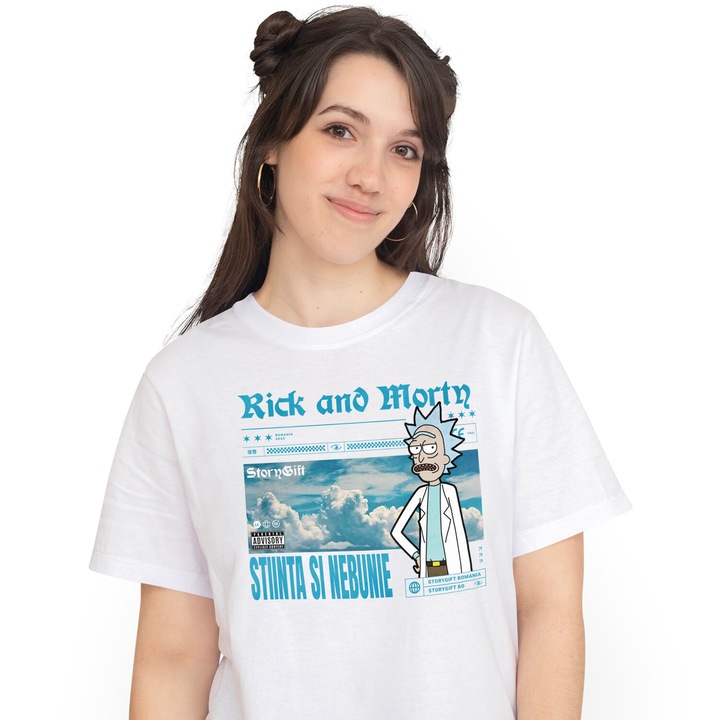 Tricou Femei cu Rick & Morty Sus, Langa Norii Cerului 100% Bumbac, Alb, S