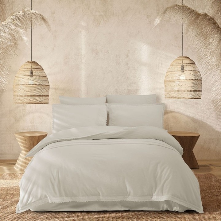 Dupla ágynemű csipke horgolással, 100% ranforce pamut, előmosott, 240x260 cm, 4 részes, Bahar Tekstil, Tylia Dove ekrü