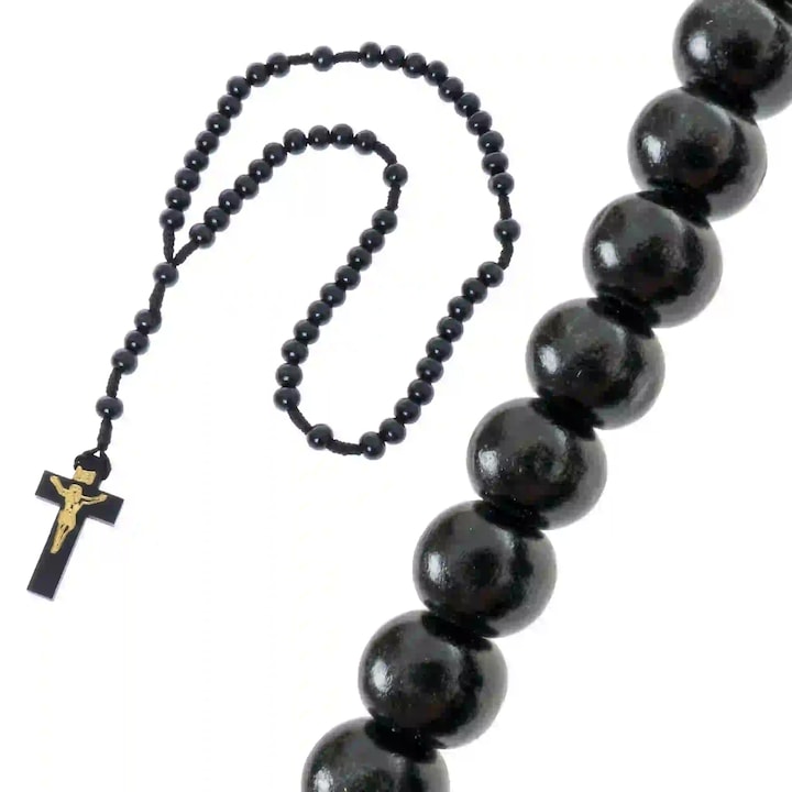 Rozariu comunional negru, QUO VADIS, margele din lemn, cruce cu imagine, 35cm