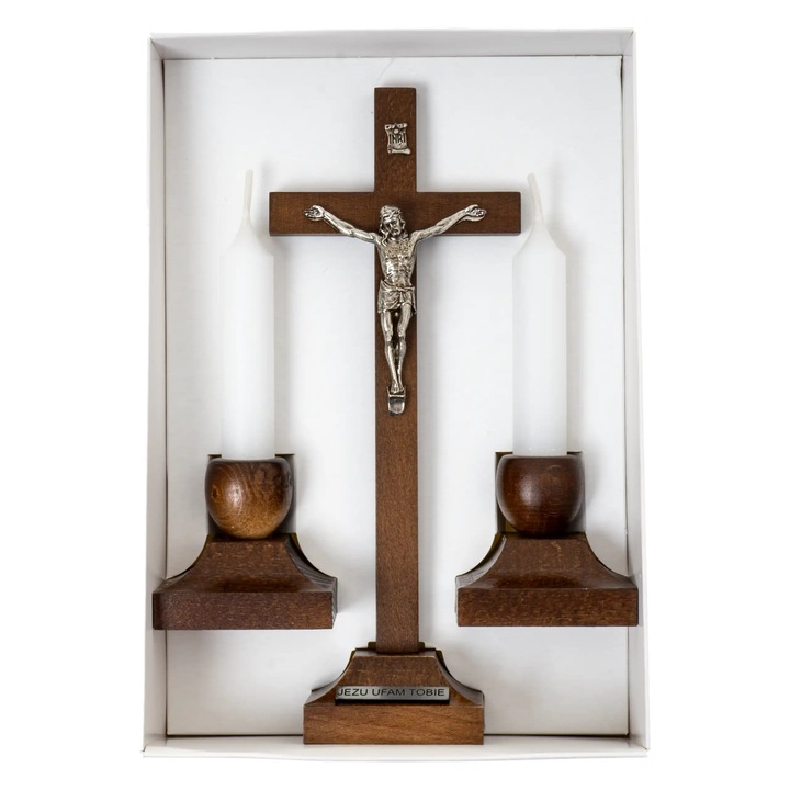 Set colinda Craciun, QUO VADIS, cu 2 suporturi pentru lumanari si 2 lumanari albe