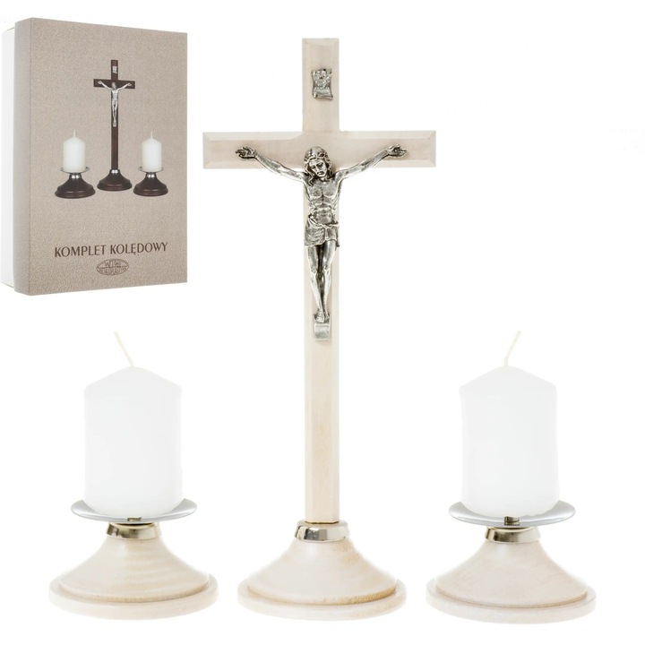 Set decorativ din lemn cu cruce si sfesnice, QUO VADIS, bej, 22x9cm