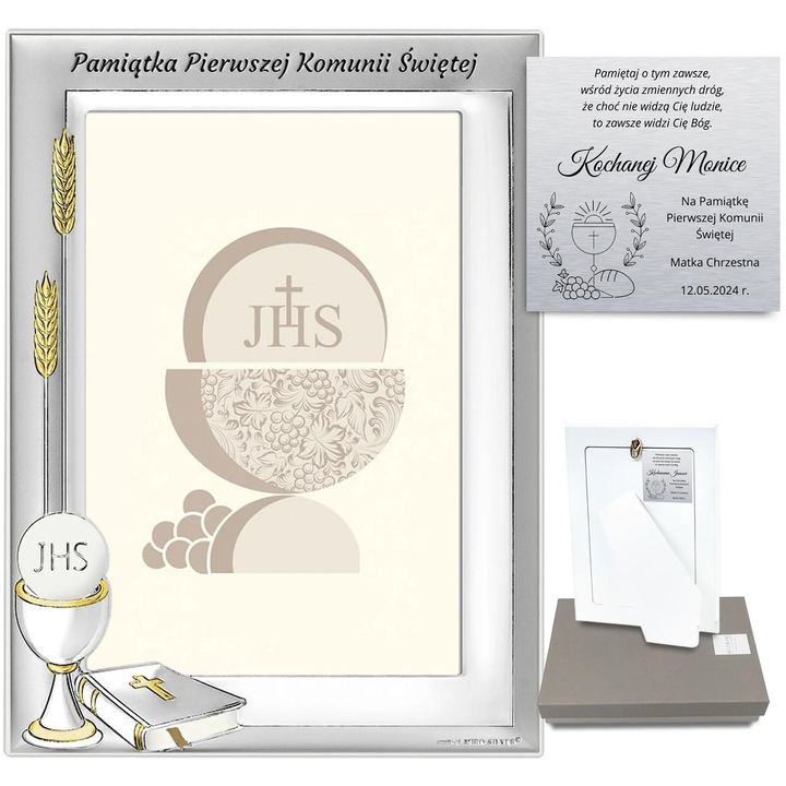 Rama foto argintie Beltrami pentru Prima Comunie 10x15cm, personalizabila, 13,8x18,6cm