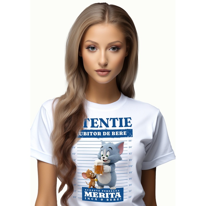 Tricou Femei cu Tom and Jerry: Un Cadou si o Bere 100% Bumbac, Alb, L