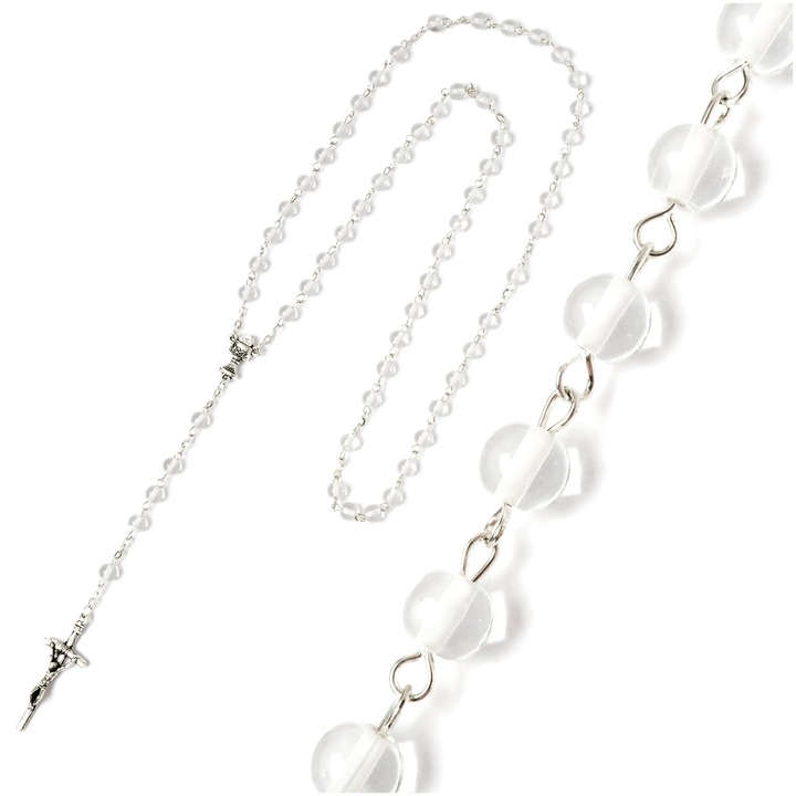 Rozariu comuniune pentru fetite, QUO VADIS, sticla transparenta, 47cm, cu cruciulite stralucitoare