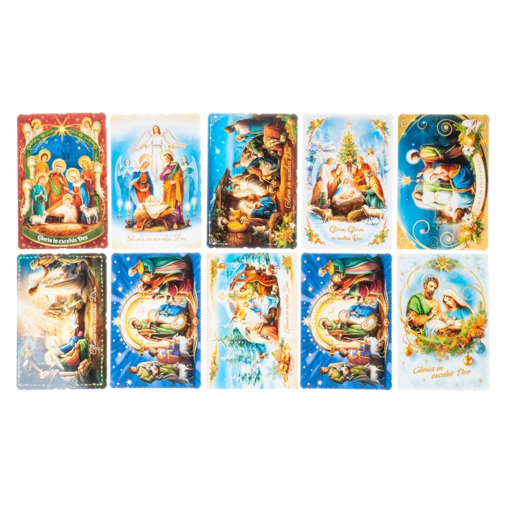 Set felicitari religioase de Craciun, 10 bucati, brocart, 12x16cm