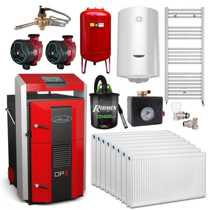 Pachet cazan pe lemne cu gazeificare ATTACK DPX, 35 kW, volum manta apa 110 litri, grosime camera ardere 6 mm, randament 91%, lungime maxima bustean 65 cm, cos evacuare Ø150 mm, Pompe recirculare, Vas expansiune, Grup siguranta, Boiler termoelectric 100
