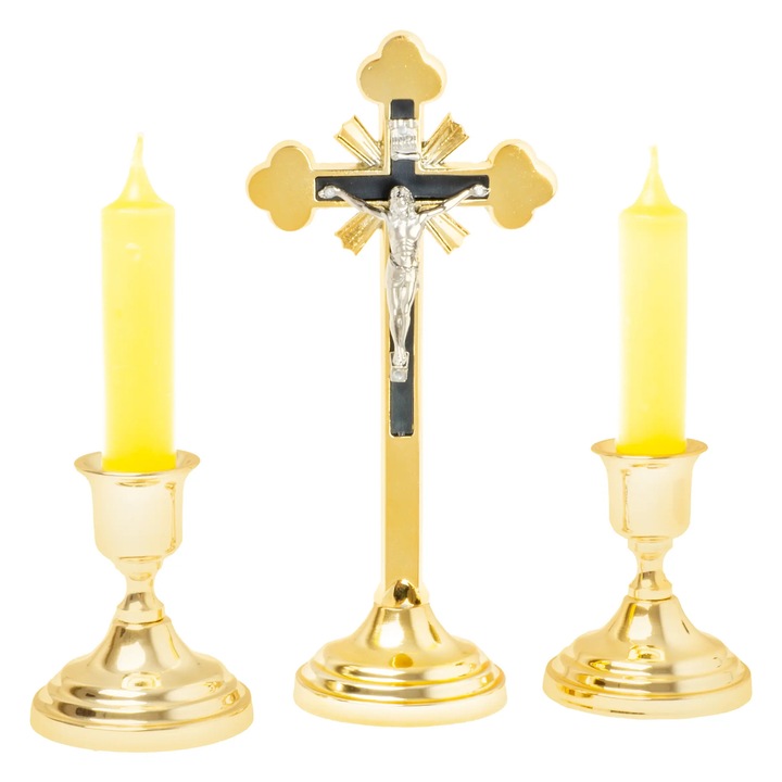 Set traditional de colindat, Kubiak, cruce aurie 19cm, candelabre 7cm, lumanari 9cm, agheasmatar 20cm