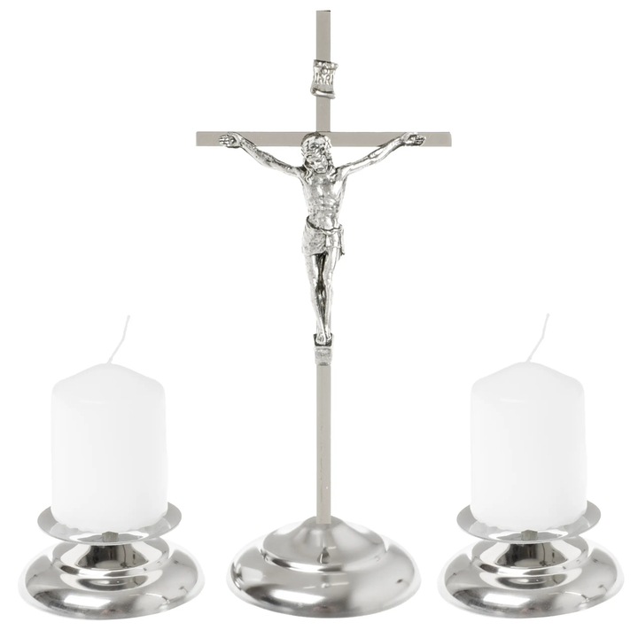 Set colinda din otel inoxidabil, Adwento, cruce 19 cm, 2 sfesnice, 2 lumanari, argintiu