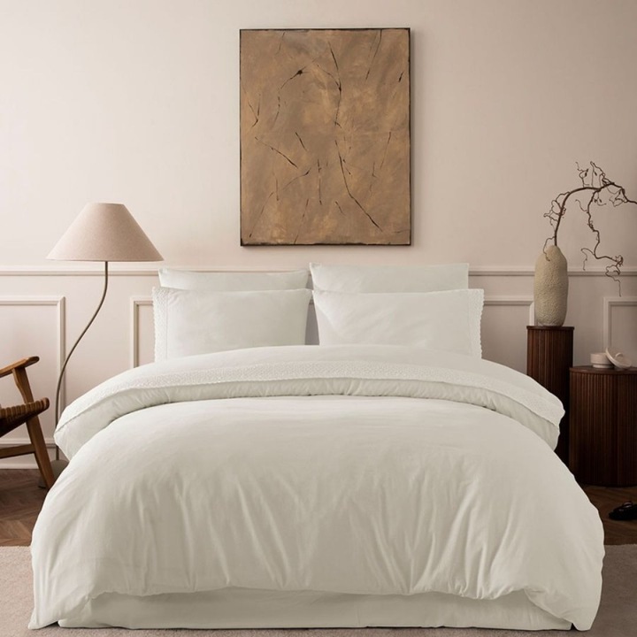 Lenjerie pat dublu cu dantela crosetata, bumbac 100% ranforce prespalat, 240x260 cm, 4 piese, Bahar Tekstil, Lavinya Dove ecru