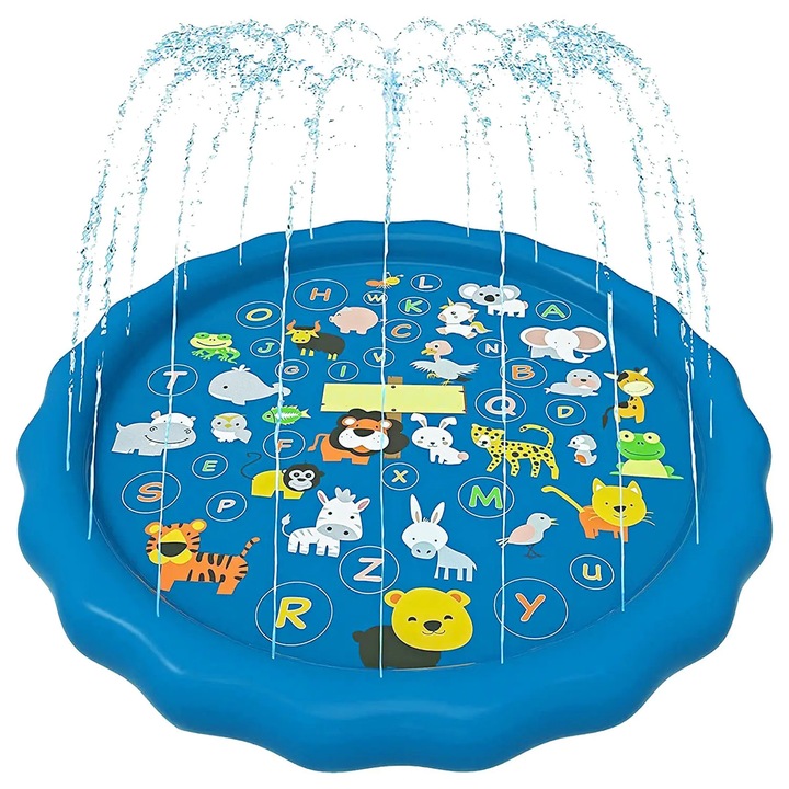 Piscina Gonflabilă Elindor 3-in-1 cu Jeturi de Apă, Litere și Animale, Bleumarin