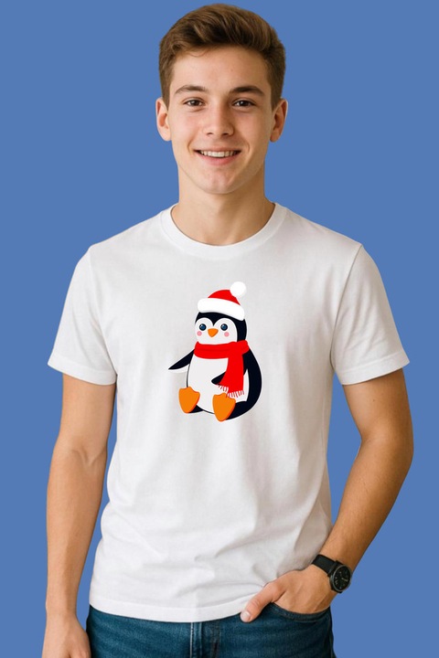 Tricou Barbat Pinguin Cu Fular Rosu, Alb