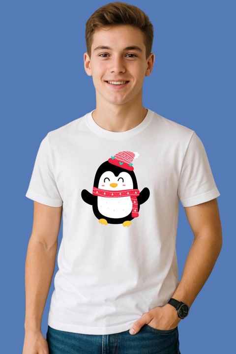 Tricou Barbat Pinguin Cu Fular Roz, Alb