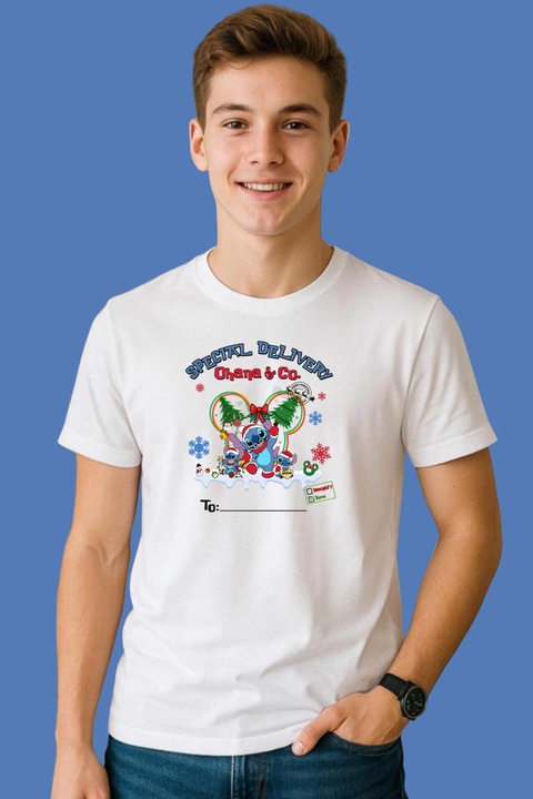 Tricou Barbat Special Delivery Ohana & Co Extraterestru Prietenos Craciun, Alb