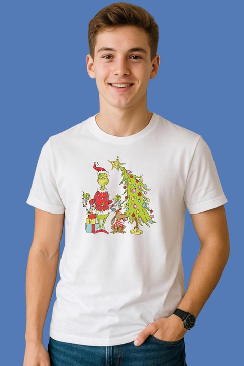 Tricou Retro Grinch Christmas Tree, Barbat, 100% Bumbac, Cri-Flo, Culoare Alb, Marime 2XL