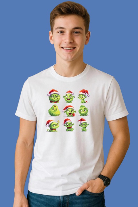 Tricou Barbat Set Grinch Expresii Multiple Mos Craciun, Alb