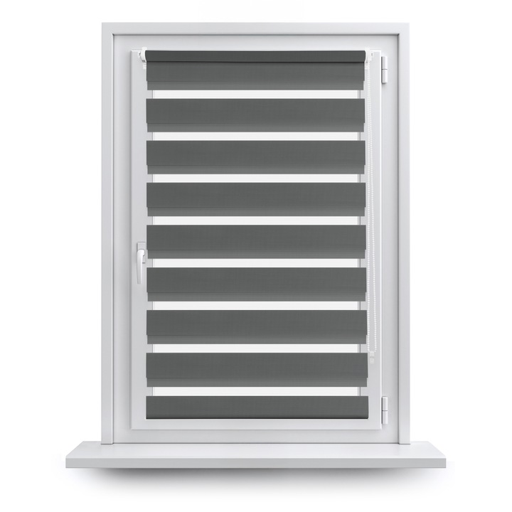 Jaluzea Zi si Noapte, Jaluzea pe carlige, fara gaurire, Roleta textila, Clasica, instalare non-invaziva, Functie MultiStop, SUN DUO, 61 x 140 cm, Gri inchis Grafit