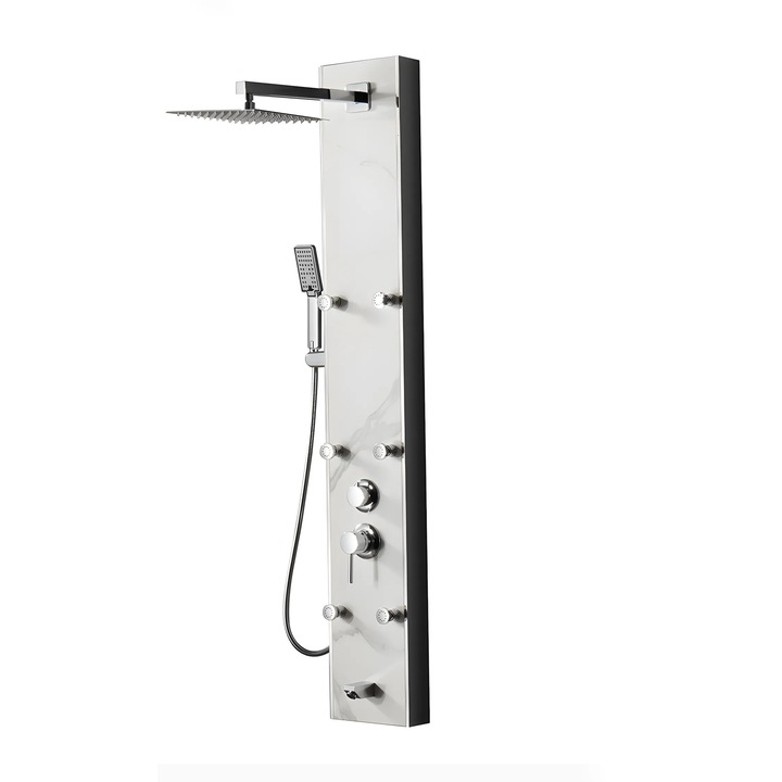 Panou de Dus Olivy Marble White, 142.5x22x40cm, Jeturi de Hidromasaj, Dus Fix tip Ploaie