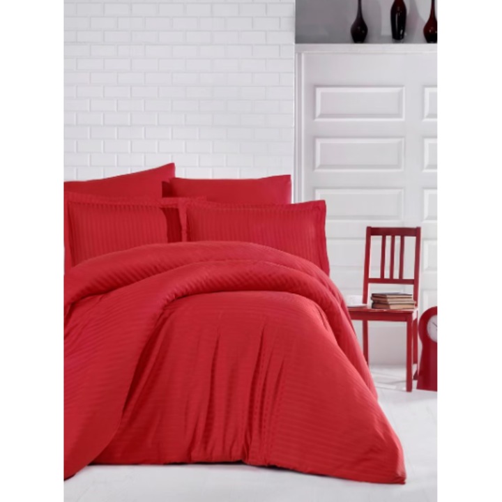 Lenjerie de pat damasc gros cu elastic pentru saltea de 180x200cm, Bumbac 100%, Super Elegant Pucioasa, 4 piese, Rosu