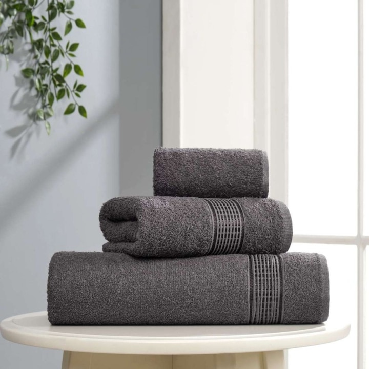 3 darabos törölköző szett, 30x50 cm, 50x85cm, 70x140 cm, 100% pamut, Eponj Home, Ezgi szürke antracit