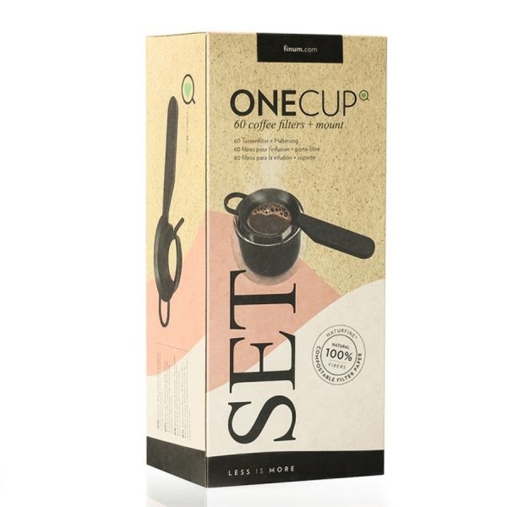 Set filtre naturfine pentru cafea Finum, Onecup, 60 buc + suport prindere, compostabil, 19x8.5x6.8cm