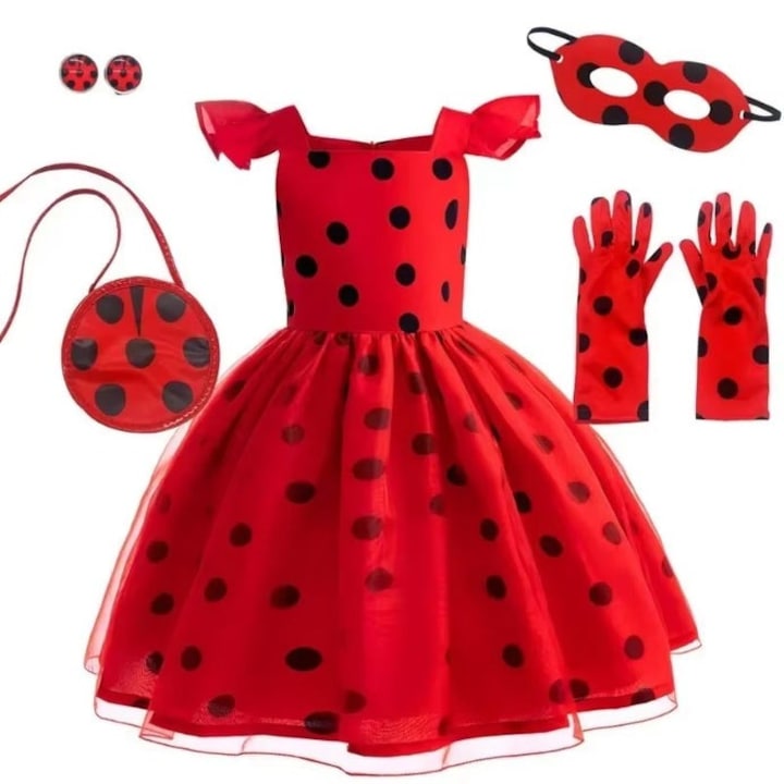 Rochie Miraculous Ladybug cu accesorii, SOLLUXE, rosie cu buline negre, 7-8 ani, 130 cm, set costumatie petrecere