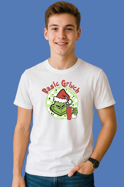 Tricou Barbat Basic Grinch Christmas Green And Red, Alb