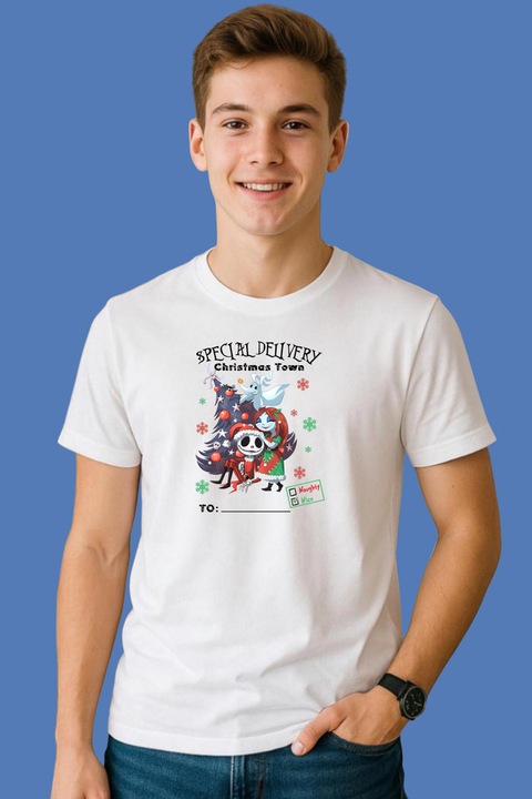 Tricou Barbat Special Delivery Orasel Craciun Fantezie, Alb
